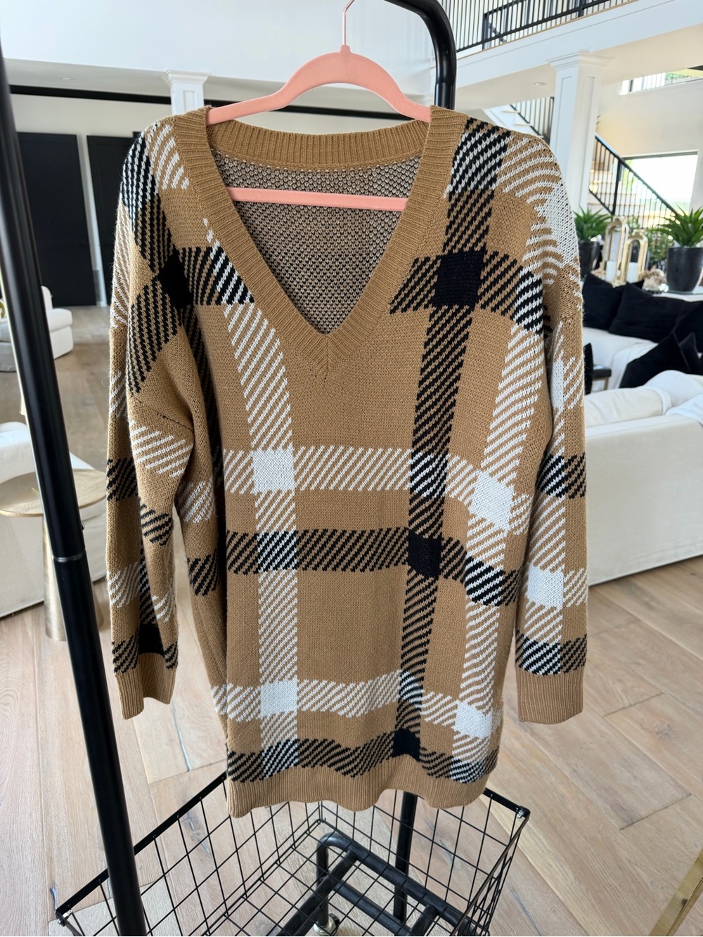 SHEIN Camel Plaid V-Neck Sweater with Black & White Accents